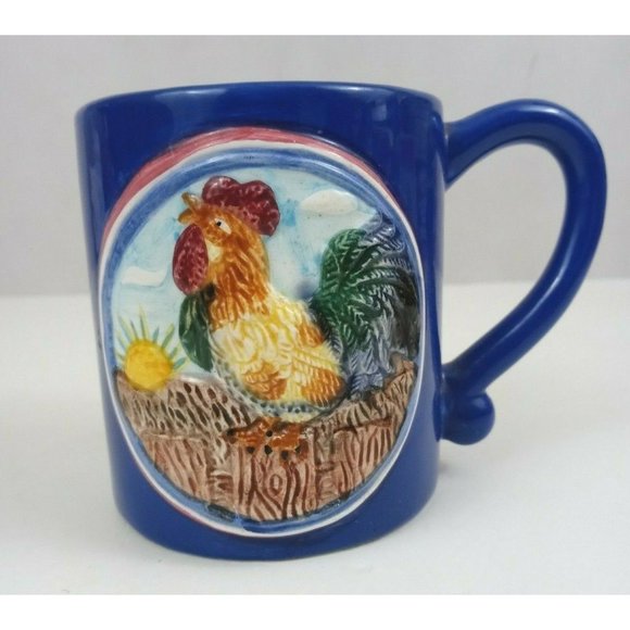 Vintage 1996 Cracker Barrel Blue 3D With Rooster Design Coffee Cup Mug 4" Tall - Picture 1 of 7